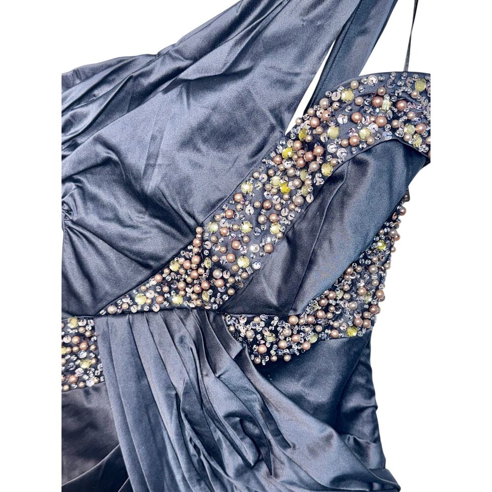 NWT Mandalay Navy Blue One Shoulder Beaded Sequin Evening Gown Dress Size 14 - Picture 4 of 14